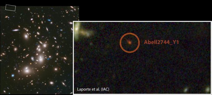 Hubble-Aufnahme des Galaxienhaufens Abell 2744. Der Ausschnitt zeigt die Region um die Galaxie Abell 2744 Y1, eine der entferntesten bekannten Galaxien. (NASA / ESA / STScI / IAC)