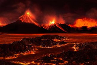Künstlerische Darstellung einer Vulkanregion während des Massenaussterbens am Ende des Perm. (José-Luis Olivares / MIT)