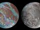 Um die besten Informationen in einer einzigen Ansicht des Jupitermonds Ganymed darzustellen, wurde ein globales Bildmosaik aus den besten Aufnahmen der NASA-Sonden Voyager 1 und 2 und der Jupitersonde Galileo erstellt (USGS Astrogeology Science Center / Wheaton / NASA / JPL-Caltech)