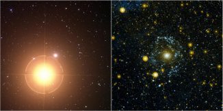 Der Geist von Mirach, eine Zwerggalaxie im Sternbild Andromeda. Die linke Aufnahme zeigt die Galaxie in sichtbarem Licht (der weißliche Punkt in der Bildmitte). Der grelle, gelb-orange leuchtende Stern ist Mirach. Im rechten Bild, aufgenommen vom Galaxy Evolution Explorer (GALEX) in ultravioletten Wellenlängen, sind strukturelle Einzelheiten der Galaxie erkennbar. (NASA / JPL-Caltech / DSS)