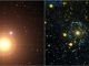 Der Geist von Mirach, eine Zwerggalaxie im Sternbild Andromeda. Die linke Aufnahme zeigt die Galaxie in sichtbarem Licht (der weißliche Punkt in der Bildmitte). Der grelle, gelb-orange leuchtende Stern ist Mirach. Im rechten Bild, aufgenommen vom Galaxy Evolution Explorer (GALEX) in ultravioletten Wellenlängen, sind strukturelle Einzelheiten der Galaxie erkennbar. (NASA / JPL-Caltech / DSS)