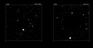 Ein computergeneriertes Bild eines Sternenfeldes (links) und wie es von einem Astronauten in der Nähe eines Schwarzen Lochs in der Bildmitte gesehen werden würde (rechts). Die Gravitation des Schwarzen Lochs erzeugt einige ungewöhnliche sichtbare Verzerrungen. Laut einer neuen Forschungsarbeit ist es prinzipiell möglich, dass Schwarze Löcher ohne Ereignishorizont entstehen, sogenannte nackte Singularitäten. (Robert Nemiroff, MTU)