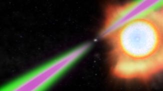 Künstlerische Darstellung des Systems PSR J1311-3430. Die Radiostrahlen (grün) und Gammastrahlen (magenta) des Pulsars überstreichen regelmäßig die Erde. Der Pulsar heizt die ihm zugewandte Seite des viel kleineren Begleitsterns stark auf und verdampft ihn dadurch langsam. (NASA / Goddard Space Flight Center)