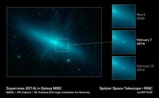 Spitzer-Aufnahmen der kürzlich entdeckten Supernova SN 2014J in der Zigarrengalaxie M82. (NASA / JPL-Caltech / Carnegie Institution for Science)