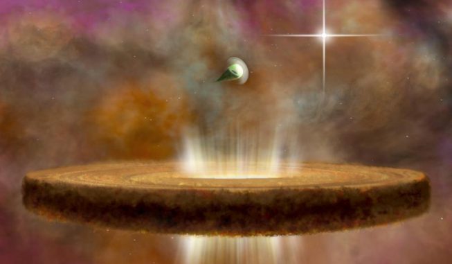 Diese künstlerische Illustration zeigt zwei protoplanetare Scheiben in der Nähe eines massereichen Sterns des O-Typs. Die nähere protoplanetare Scheibe wird ihrer Staub- und Gasvorkommen beraubt, die durch die Strahlung des massereichen Sterns weggeblasen werden. Die weiter entfernte Scheibe kann ihr Potenzial zur Bildung von Planeten behalten. (NRAO / AUI / NSF; B. Saxton) Diese künstlerische Illustration zeigt zwei protoplanetare Scheiben in der Nähe eines massereichen Sterns des O-Typs. Die nähere protoplanetare Scheibe wird ihrer Staub- und Gasvorkommen beraubt, die durch die Strahlung des massereichen Sterns weggeblasen werden. Die weiter entfernte Scheibe kann ihr Potenzial zur Bildung von Planeten behalten. (NRAO / AUI / NSF; B. Saxton)