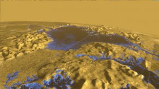 Falschfarbenaufnahme von der Oberfläche Titans. Das Bild basiert auf Radarmessungen der NASA-Raumsonde Cassini. Die Sonde zeigte, dass die Oberfläche von Ligeia Mare, dem größte Meer auf Titan, ungewöhnlich ruhig ist. Der Grund ist wahrscheinlich fehlender Wind. (Courtesy of Howard Zebker)