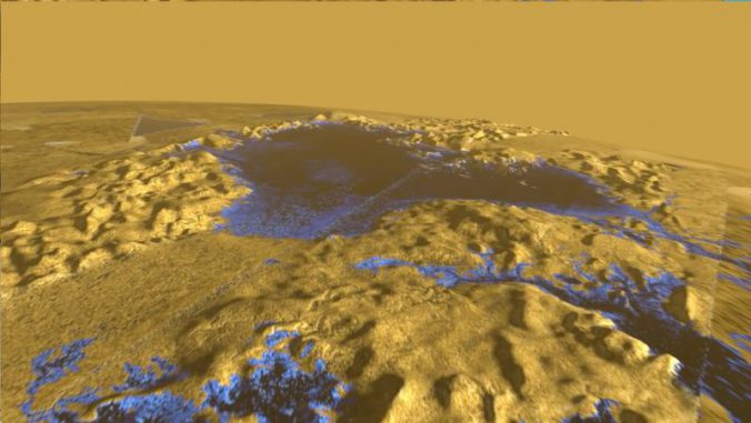Falschfarbenaufnahme von der Oberfläche Titans. Das Bild basiert auf Radarmessungen der NASA-Raumsonde Cassini. Die Sonde zeigte, dass die Oberfläche von Ligeia Mare, dem größte Meer auf Titan, ungewöhnlich ruhig ist. Der Grund ist wahrscheinlich fehlender Wind. (Courtesy of Howard Zebker) Falschfarbenaufnahme von der Oberfläche Titans. Das Bild basiert auf Radarmessungen der NASA-Raumsonde Cassini. Die Sonde zeigte, dass die Oberfläche von Ligeia Mare, dem größte Meer auf Titan, ungewöhnlich ruhig ist. Der Grund ist wahrscheinlich fehlender Wind. (Courtesy of Howard Zebker)