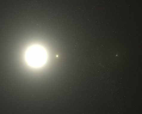 Der Polarstern ist eigentlich ein Dreifachsystem. Diese nicht maßstabsgerechte, künstlerische Darstellung zeigt die drei Mitglieder des Systems. Der Polarstern selbst (Polaris Aa) ist ein Stern des Spektraltyps F. (Greg Bacon (STScI)) Der Polarstern ist eigentlich ein Dreifachsystem. Diese nicht maßstabsgerechte, künstlerische Darstellung zeigt die drei Mitglieder des Systems. Der Polarstern selbst (Polaris Aa) ist ein Stern des Spektraltyps F. (Greg Bacon (STScI))