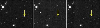Diese Bilder wurden am 5. November 2012 im Abstand von zwei Stunden gemacht und zeigen die Entdeckung von 2012 VP113. Die Bewegung des Objekts vor dem fixen Hintergrund aus Sternen und Galaxien ist erkennbar. (Scott Sheppard / Carnegie Institution for Science)