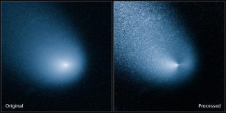 Die beiden Bilder zeigen den Kometen C/2013 A1 Siding Spring vor (links) und nach der Bildbearbeitung (rechts). Die Aufnahme wurde mit der Wide Field Camera 3 an Bord des Hubble Space Telescope gemacht. (NASA, ESA, and J.-Y. Li (Planetary Science Institute))