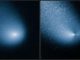 Die beiden Bilder zeigen den Kometen C/2013 A1 Siding Spring vor (links) und nach der Bildbearbeitung (rechts). Die Aufnahme wurde mit der Wide Field Camera 3 an Bord des Hubble Space Telescope gemacht. (NASA, ESA, and J.-Y. Li (Planetary Science Institute))