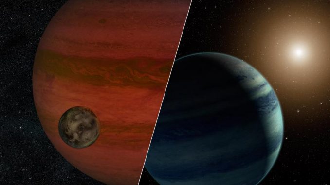 Forscher haben den ersten Exomond-Kandidaten gefunden - einen Mond, der einen Planeten außerhalb unseres Sonnensystems umkreist. Die Illustration zeigt die beiden Möglichkeiten, welche die Ergebnisse des Teams erklären würden: Einen Exomond, der einen Exoplaneten umkreist (links) oder einen Exoplaneten, der einen Stern umkreist (rechts). (NASA / JPL-Caltech)