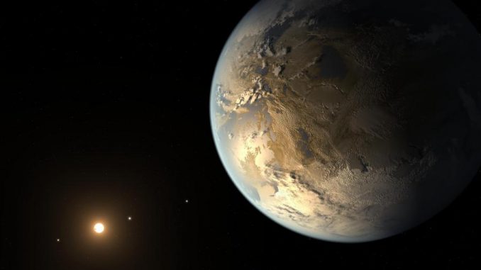 Künstlerische Darstellung des Exoplaneten Kepler-186f (im Vordergrund) und des Systems Kepler-186. (NASA Ames / SETI Institute / JPL-Caltech)