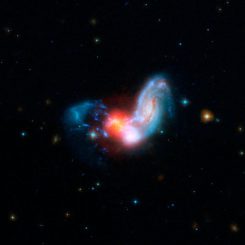 Zw II 96, ein verschmelzendes Galaxienpaar, zeigt starke Starburst-Aktivitäten. Das Bild basiert auf Daten der Weltraumteleskope Hubble und Spitzer. (NASA / JPL-Caltech / STScI)