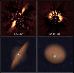 Die beiden oberen Archivbilder des Hubble Space Telescope zeigen Staubscheiben um junge Sterne. Die Illustrationen darunter stellen die Ausrichtung der jeweiligen Staubscheibe dar. (NASA / ESA, R. Soummer, Ann Feild (STScI))