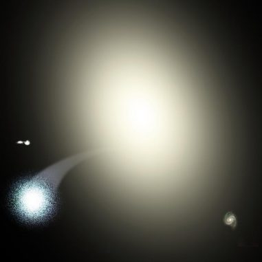 Künstlerische Darstellung des Kugelsternhaufens HVGC-1, der mit hoher Geschwindigkeit aus der elliptischen Riesengalaxie M87 herauskatapultiert wurde. (David A. Aguilar (CfA))