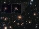 Das Licht der entfernten Supernova SCP/SN-L2 wurde durch die Gravitation des im Vordergrund liegenden Galaxienhaufens MACS J1720+35 gebeugt und verstärkt. Durch den Gravitationslinseneffekt erscheinen die gebeugten Objekte verzerrt. (NASA, ESA, S. Perlmutter (UC Berkeley, LBNL), A. Koekemoer (STScI), M. Postman (STScI), A. Riess (STScI/JHU), J. Nordin (LBNL, UC Berkeley), D. Rubin (Florida State University), and C. McCully (Rutgers University))