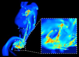 Ein Einzelbild aus der Simulation der beiden kollidierenden Antennengalaxien. Die hohe Auflösung erlaubt den Astrophysikern die Untersuchung kleinster Details. In den dichtesten Regionen (gelb und rot) entstehen neue Sterne unter dem Einfluss komprimierender Turbulenzen. Die Entstehung von Sternen ist hier effizienter als in normalen Galaxien wie der Milchstraßen-Galaxie. (F. Renaud / CEA-Sap)