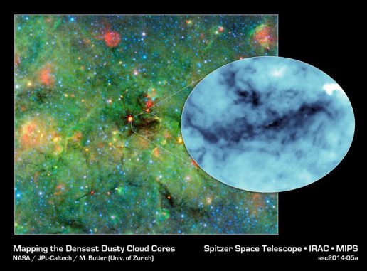 Das Bild zeigt kosmische Verklumpungen aus Gas und Staub, die so dunkel sind, dass sie die schwärzesten bislang aufgezeichneten Schatten werfen. Die Aufnahme stammt vom Weltraumteleskop Spitzer. (NASA / JPL-Caltech / University of Zurich)