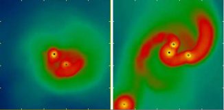 Dunkle Sterne sind bislang ein rein hypothetisches Konstrukt. Theoretisch könnten sie sich im frühen Universum gebildet haben, als Dunkle Materie kondensierte und Teilchenauslöschungen die Materie aufheizten. Das Bild zeigt das Ergebnis einer neuen Simulation. Links bilden sich normale Sterne, wenn keine auslöschende Dunkle Materie präsent ist. Das rechte Bild zeigen, was passiert, wenn Dunkle Sterne den Prozess stören. (CfA)