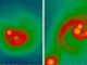 Dunkle Sterne sind bislang ein rein hypothetisches Konstrukt. Theoretisch könnten sie sich im frühen Universum gebildet haben, als Dunkle Materie kondensierte und Teilchenauslöschungen die Materie aufheizten. Das Bild zeigt das Ergebnis einer neuen Simulation. Links bilden sich normale Sterne, wenn keine auslöschende Dunkle Materie präsent ist. Das rechte Bild zeigen, was passiert, wenn Dunkle Sterne den Prozess stören. (CfA)