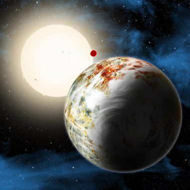 Die neu entdeckte Megaerde Kepler-10c im Vordergrund dominiert diese künstlerische Illustration. Im Hintergrund befinden sich die Lavawelt Kepler-10b und der Zentralstern Kepler-10. Möglicherweise besitzt die Megaerde eine dünne Atmosphäre, hier dargestellt durch feine Wolken. (David A. Aguilar (CfA))