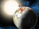 Die neu entdeckte Megaerde Kepler-10c im Vordergrund dominiert diese künstlerische Illustration. Im Hintergrund befinden sich die Lavawelt Kepler-10b und der Zentralstern Kepler-10. Möglicherweise besitzt die Megaerde eine dünne Atmosphäre, hier dargestellt durch feine Wolken. (David A. Aguilar (CfA))