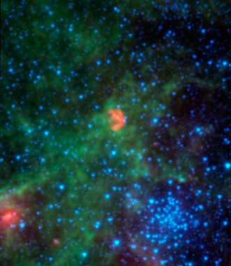 Diese Infrarotaufnahme des Spitzer Space Telescope zeigt N103B, den Überrest einer Supernova, die vor rund 1.000 Jahren in der Großen Magellanschen Wolke stattfand. (NASA / JPL-Caltech / Goddard)