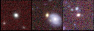 Diese Fotoserie zeigt drei Red-Nuggets in einer Entfernung von etwa vier Milliarden Lichtjahren. Links ist eine einsame Galaxie ohne Begleitgalaxien zu sehen. Die Galaxie auf dem mittleren Foto ist auch allein, scheint aber nahe einer größeren Spiralgalaxie zu liegen, die uns jedoch viel näher ist (ca. 1 Milliarde Lichtjahre). Die Galaxie rechts könnte nahe Begleitgalaxien besitzen. (Ivana Damjanov & CFHT MegaCam Team)