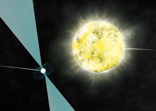 Künstlerische Darstellung eines Weißen Zwergs im Orbit um den Pulsar PSR J2222-0137. Es könnte der kälteste und schwächste Weiße Zwerg sein, der bislang identifiziert wurde. (B. Saxton (NRAO / AUI / NSF))