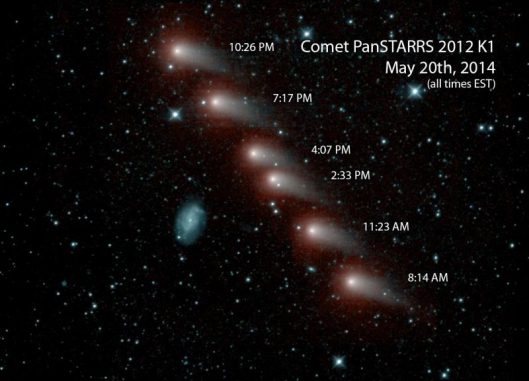 Bilderserie des Kometen C/2012 K1 (Pan-STARRS) vom Mai 2014. Die Aufnahmen stammen von der NEOWISE-Mission und zeigen den Kometen in infraroten Wellenlängen. (NASA / JPL-Caltech)