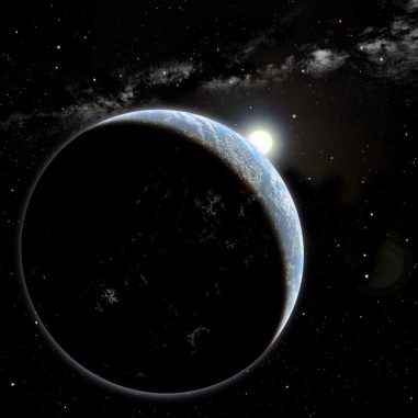 Illustration eines hypothetischen Exoplaneten in einer Umlaufbahn um einen gelben, sonnenähnlichen Stern. Astronomen haben das Alter von 22 sonnenähnlichen Sternen gemessen, indem sie ihre Rotationsgeschwindigkeiten verwendeten. (David A. Aguilar (CfA)) Illustration eines hypothetischen Exoplaneten in einer Umlaufbahn um einen gelben, sonnenähnlichen Stern. Astronomen haben das Alter von 22 sonnenähnlichen Sternen gemessen, indem sie ihre Rotationsgeschwindigkeiten verwendeten. (David A. Aguilar (CfA))
