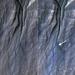 Dieses Vorher-Nachher-Bild der HiRISE-Kamera dokumentiert die Entstehung einer neuen Rinne an einem Abhang zwischen den Jahren 2010 und 2013. Die Rinne entstand wahrscheinlich durch Aktivitäten des Trockeneises. (NASA / JPL-Caltech / Univ. of Arizona)