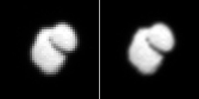 Das OSIRIS-Instrument an Bord der ESA-Raumsonde Rosetta hat diese Aufnahme ihres Zielkometen 67P/Churyumov-Gerasimenko am 14. Juli 2014 gemacht. Man erkennt eine zweiteilige Form des Kometenkerns. Das rechte Bild wurde mit interpolierten Daten verbessert. (ESA / Rosetta / MPS / UPD / LAM / IAA / SSO / INTA / UPM / DASP / IDA)