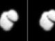 Das OSIRIS-Instrument an Bord der ESA-Raumsonde Rosetta hat diese Aufnahme ihres Zielkometen 67P/Churyumov-Gerasimenko am 14. Juli 2014 gemacht. Man erkennt eine zweiteilige Form des Kometenkerns. Das rechte Bild wurde mit interpolierten Daten verbessert. (ESA / Rosetta / MPS / UPD / LAM / IAA / SSO / INTA / UPM / DASP / IDA)