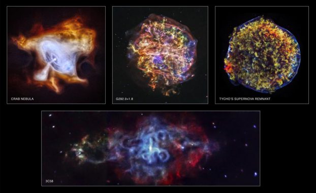 Anlässlich Chandras 15. Jahrestag wurden vier neue Bilder von Supernova-Überresten veröffentlicht. Die Bilder zeigen den Krebsnebel (oben links), G292.0+1.8 (oben Mitte), den Tycho-Supernova-Überrest (oben rechts) und 3C58 (unten). (NASA / CXC / SAO) Anlässlich Chandras 15. Jahrestag wurden vier neue Bilder von Supernova-Überresten veröffentlicht. Die Bilder zeigen den Krebsnebel (oben links), G292.0+1.8 (oben Mitte), den Tycho-Supernova-Überrest (oben rechts) und 3C58 (unten). (NASA / CXC / SAO)