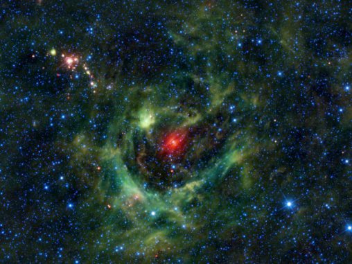 Diese Aufnahme der H-II-Region Sh2-205 stammt vom Wide-field Infrared Survey Explorer (WISE) der NASA. (NASA / JPL-Caltech / UCLA) Diese Aufnahme der H-II-Region Sh2-205 stammt vom Wide-field Infrared Survey Explorer (WISE) der NASA. (NASA / JPL-Caltech / UCLA)