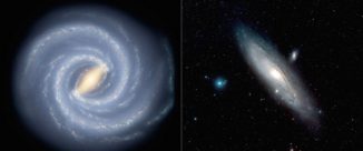 Künstlerische Darstellung unserer Milchstraßen-Galaxie (links) und ein Bild der Andromeda-Galaxie (rechts). (Illustration der Milchstraßen-Galaxie: NASA / JPL-Caltech; Bild der Andromeda-Galaxie: ESA / Hubble & Digitized Sky Survey 2, Davide De Martin)
