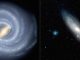 Künstlerische Darstellung unserer Milchstraßen-Galaxie (links) und ein Bild der Andromeda-Galaxie (rechts). (Illustration der Milchstraßen-Galaxie: NASA / JPL-Caltech; Bild der Andromeda-Galaxie: ESA / Hubble & Digitized Sky Survey 2, Davide De Martin)