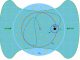 Ein kleines Schwarzes Loch gewinnt an Masse: Dichtes Gas (grün) strömt in das Zentrum eines Sternhaufens (das rote Kreuz in dem blauen Kreis) mit mehreren Sternen (gelbe Punkte). Die unregelmäßige Bahn des Schwarzen Lochs durch das Gas (schwarze Linie) ist zufällig und wird von den umgebenden Sterne bestimmt. (Image courtesy of Weizmann Institute of Science)