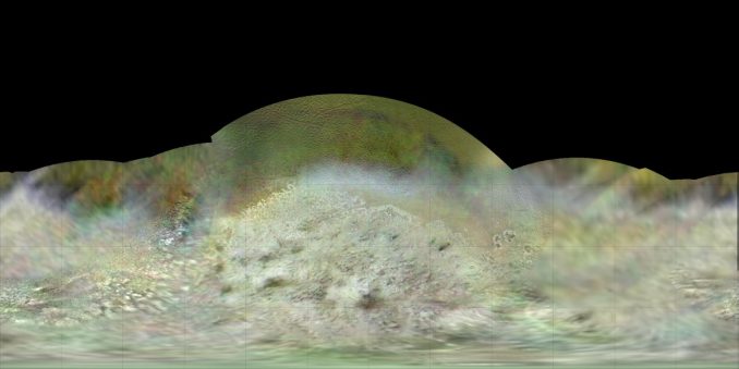 Die bislang beste globale Karte des Neptunmondes Triton, basierend auf Daten, die von der Raumsonde Voyager 2 im Sommer 1989 gesammelt wurden. (NASA / JPL-Caltech / Lunar & Planetary Institute)
