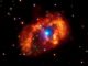 Chandra-Aufnahme des Doppelsternsystems Eta Carinae und seiner komplexen Umgebung. Die beiden massereichen Sterne emittieren gewaltige Sternwinde, die miteinander kollidieren und dabei Röntgenstrahlung produzieren. (NASA / CXC / GSFC / K.Hamaguchi, et al.)