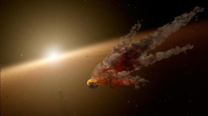 Diese künstlerische Illustration zeigt die direkten Nachwirkungen einer großen Asteroidenkollision in der Umgebung des Sterns NGC 2547-ID8, einem 35 Millionen Jahre alten, sonnenähnlichen Stern. (NASA / JPL-Caltech)