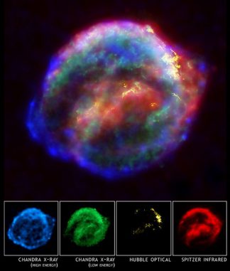 Kompositbild des Kepler-Supernova-Überrests. Das Bild basiert auf Daten der Weltraumteleskope Chandra (Röntgen), Hubble (optisches Licht) und Spitzer (Infrarot). (NASA / ESA / JHU / R.Sankrit & W.Blair) Kompositbild des Kepler-Supernova-Überrests. Das Bild basiert auf Daten der Weltraumteleskope Chandra (Röntgen), Hubble (optisches Licht) und Spitzer (Infrarot). (NASA / ESA / JHU / R.Sankrit & W.Blair)