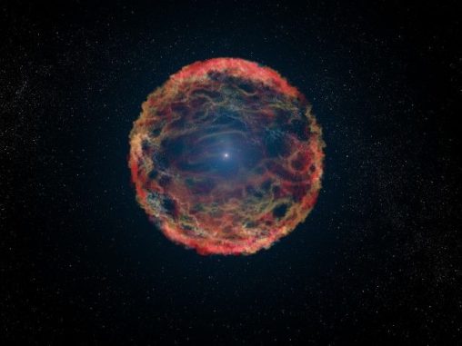 Dies ist eine künstlerische Illustration der Supernova SN 1993J, die in der Galaxie M81 explodierte. Mit Hubble konnten Astronomen den begleitenden blauen Heliumstern identifizieren, hier zu sehen im Zentrum des expandierenden Nebels. (NASA, ESA, G. Bacon (STScI))