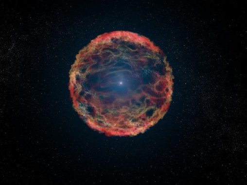 Dies ist eine künstlerische Illustration der Supernova SN 1993J, die in der Galaxie M81 explodierte. Mit Hubble konnten Astronomen den begleitenden blauen Heliumstern identifizieren, hier zu sehen im Zentrum des expandierenden Nebels. (NASA, ESA, G. Bacon (STScI)) Dies ist eine künstlerische Illustration der Supernova SN 1993J, die in der Galaxie M81 explodierte. Mit Hubble konnten Astronomen den begleitenden blauen Heliumstern identifizieren, hier zu sehen im Zentrum des expandierenden Nebels. (NASA, ESA, G. Bacon (STScI))