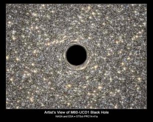 Künstlerische Darstellung des supermassiven Schwarzen Lochs im Zentrum der Zwerggalaxie M60-UCD1. (NASA, ESA, STScI-RCC14-41a)
