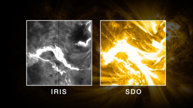 Dieses Bild zeigt den X-Klasse-Flare vom 10. September 2014, beobachtet von IRIS (links) und SDO (rechts). (NASA / LMSAL / Wiessinger) Dieses Bild zeigt den X-Klasse-Flare vom 10. September 2014, beobachtet von IRIS (links) und SDO (rechts). (NASA / LMSAL / Wiessinger)