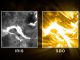 Dieses Bild zeigt den X-Klasse-Flare vom 10. September 2014, beobachtet von IRIS (links) und SDO (rechts). (NASA / LMSAL / Wiessinger)