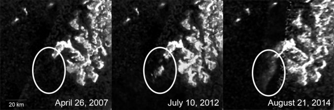 Diese drei Aufnahmen basieren auf Daten des Synthetic Aperture Radar an Bord der Raumsonde Cassini. Sie zeigen die Entstehung und die Entwicklung einer rätselhaften Struktur in Ligeia Mare auf dem Saturnmond Titan. (NASA / JPL-Caltech / ASI / Cornell) Diese drei Aufnahmen basieren auf Daten des Synthetic Aperture Radar an Bord der Raumsonde Cassini. Sie zeigen die Entstehung und die Entwicklung einer rätselhaften Struktur in Ligeia Mare auf dem Saturnmond Titan. (NASA / JPL-Caltech / ASI / Cornell)